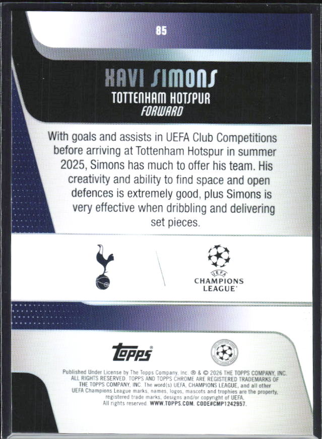 2025-26 Topps Chrome UEFA Club Competitions #85 Xavi Simons – baksida