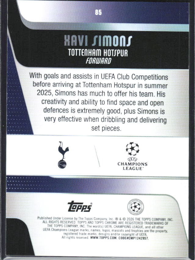 2025-26 Topps Chrome UEFA Club Competitions #85 Xavi Simons – baksida