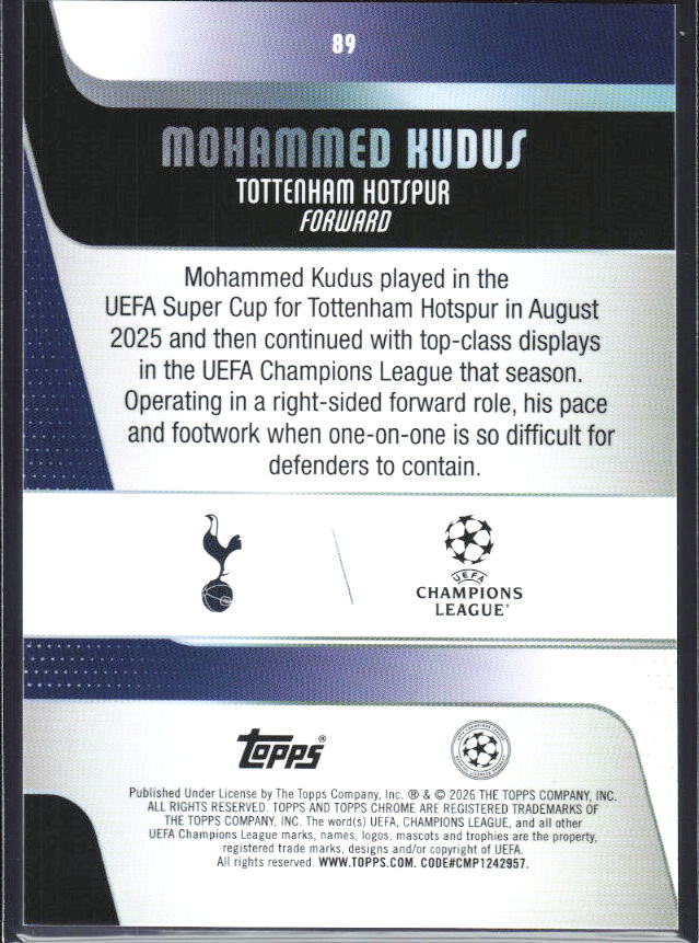 2025-26 Topps Chrome UEFA Club Competitions #89 Mohammed Kudus – baksida