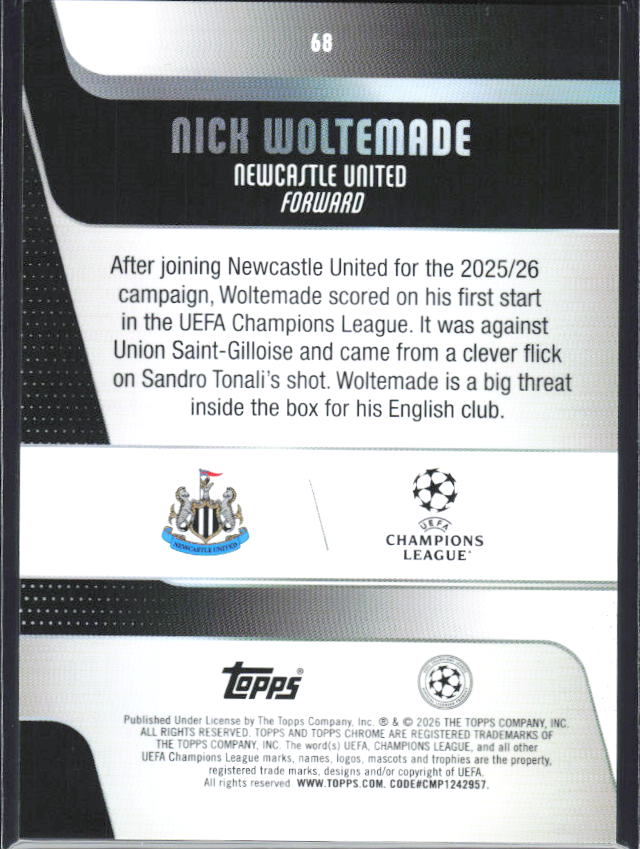 2025-26 Topps Chrome UEFA Club Competitions #68 Nick Woltemade – baksida