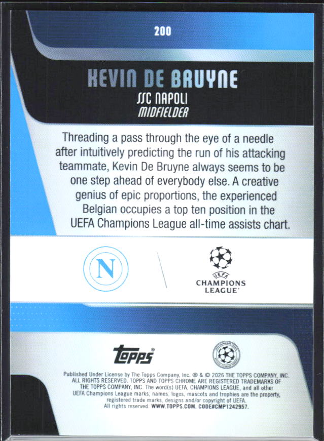 2025-26 Topps Chrome UEFA Club Competitions #200 Kevin De Bruyne – baksida