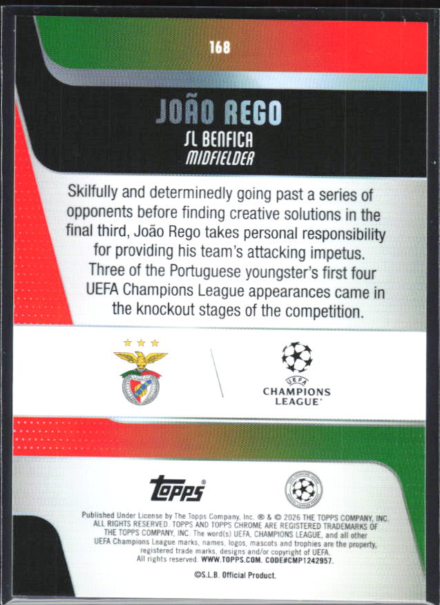 2025-26 Topps Chrome UEFA Club Competitions #168 João Rego – baksida