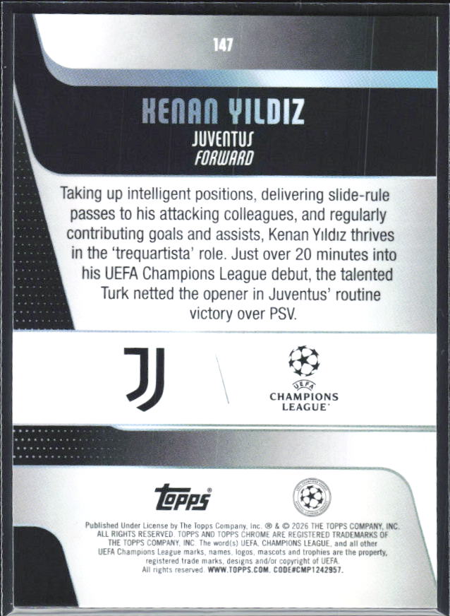 2025-26 Topps Chrome UEFA Club Competitions #147 Kenan Yildiz – baksida