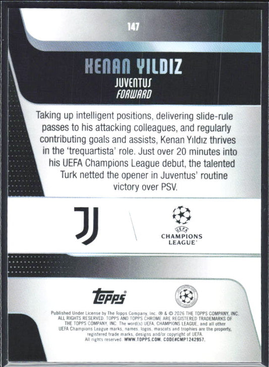 2025-26 Topps Chrome UEFA Club Competitions #147 Kenan Yildiz – baksida