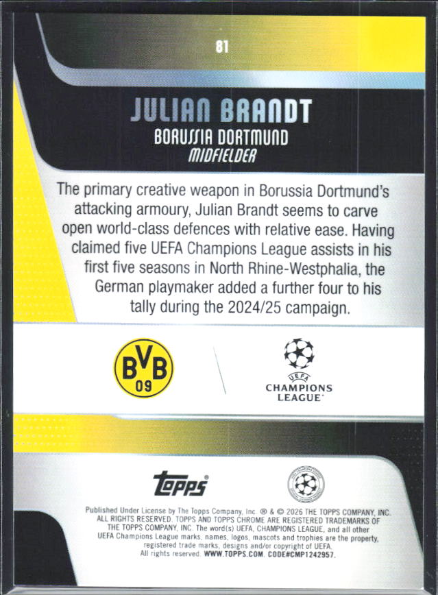 2025-26 Topps Chrome UEFA Club Competitions #81 Julian Brandt – baksida