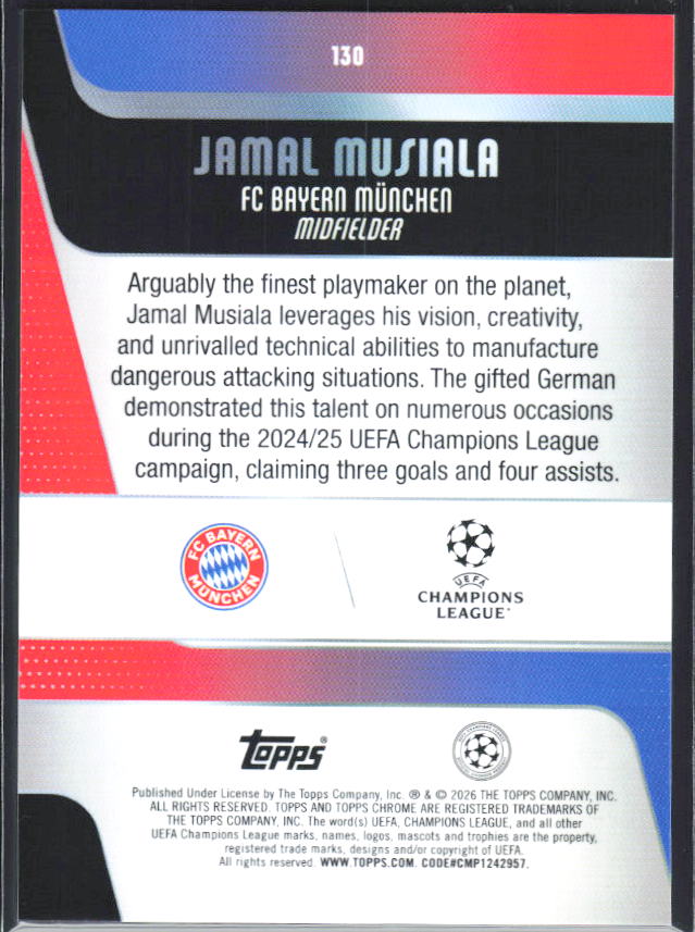 2025-26 Topps Chrome UEFA Club Competitions #130 Jamal Musiala – baksida