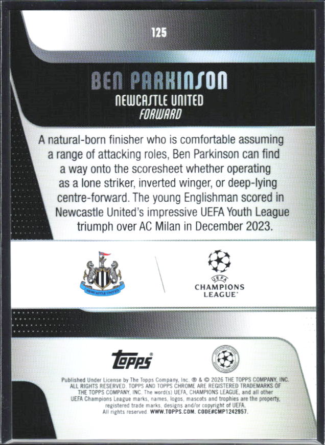 2025-26 Topps Chrome UEFA Club Competitions #125 Ben Parkinson – baksida