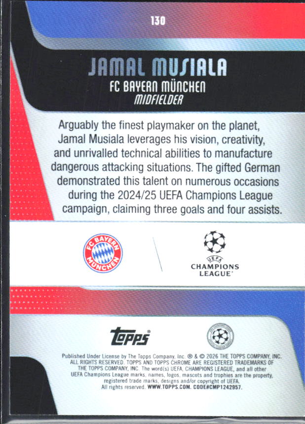 2025-26 Topps Chrome UEFA Club Competitions #130 Jamal Musiala – baksida