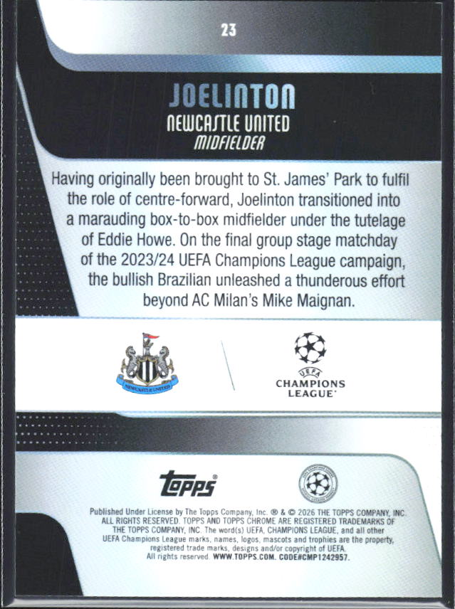 2025-26 Topps Chrome UEFA Club Competitions #23 Joelinton – baksida
