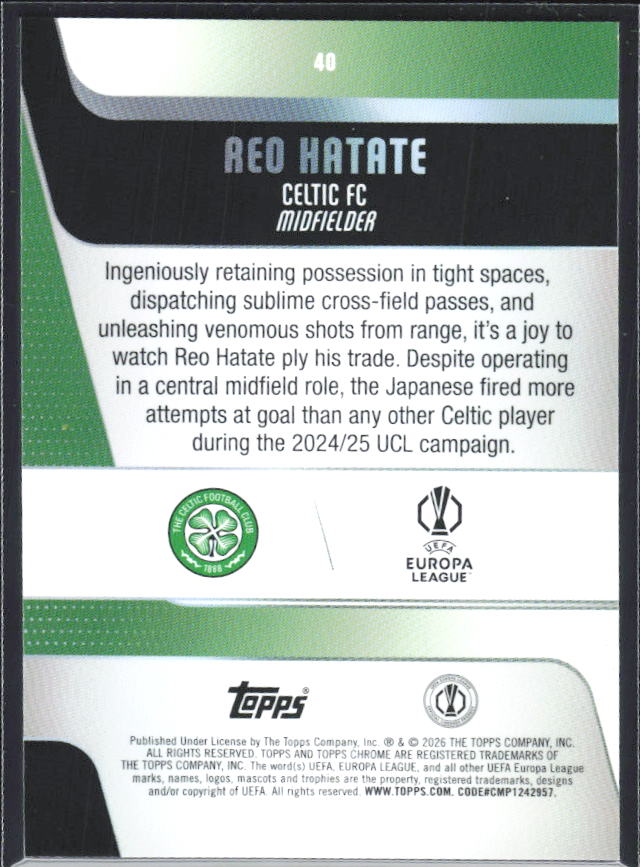 2025-26 Topps Chrome UEFA Club Competitions #40 Reo Hatate – baksida