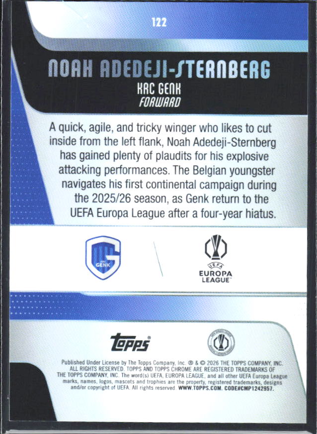 2025-26 Topps Chrome UEFA Club Competitions #122 Noah Adedeji-Sternberg – baksida