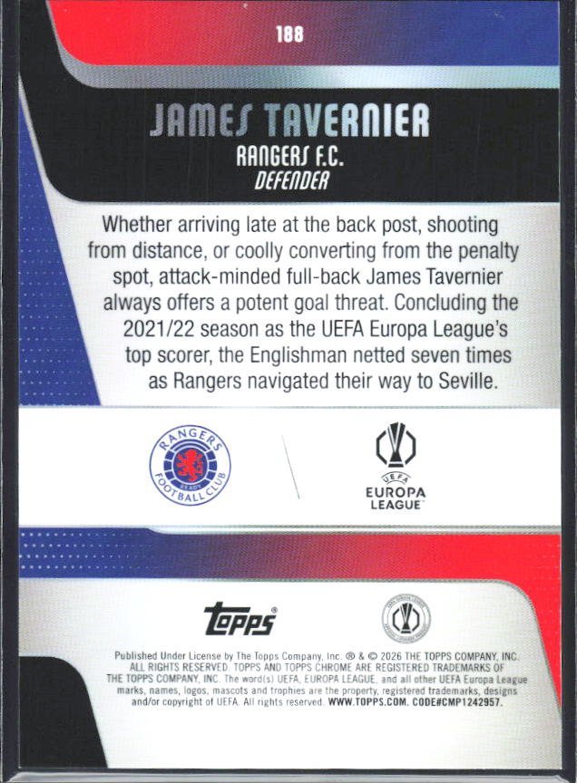 2025-26 Topps Chrome UEFA Club Competitions #188 James Tavernier – baksida