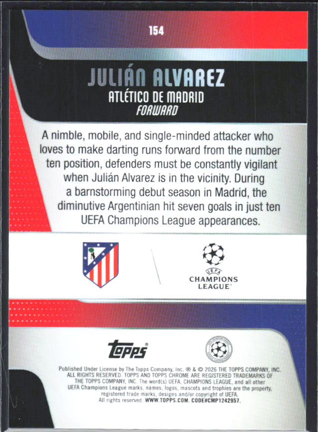 2025-26 Topps Chrome UEFA Club Competitions #154 Julián Alvarez – baksida