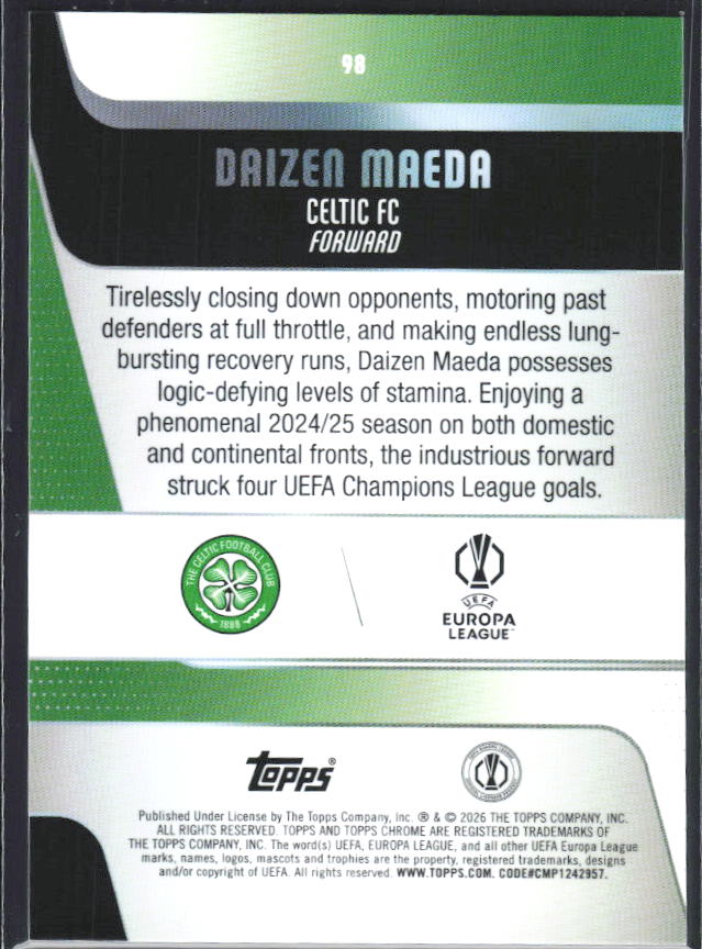 2025-26 Topps Chrome UEFA Club Competitions #98 Daizen Maeda – baksida