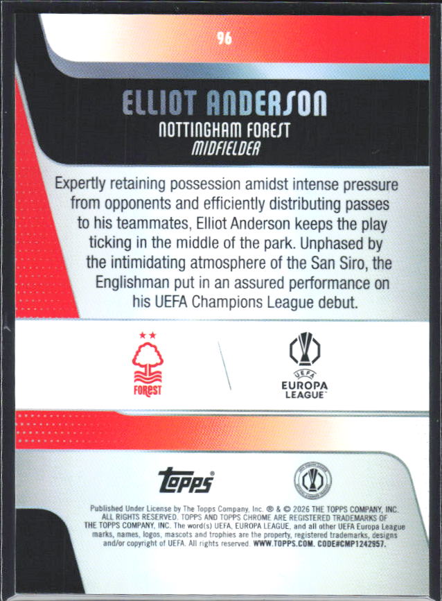 2025-26 Topps Chrome UEFA Club Competitions #96 Elliot Anderson – baksida