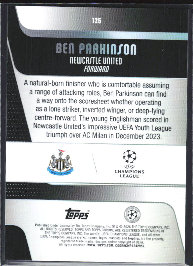 2025-26 Topps Chrome UEFA Club Competitions #125 Ben Parkinson – baksida