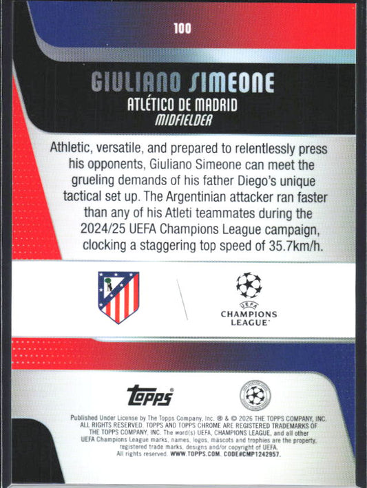 2025-26 Topps Chrome UEFA Club Competitions #100 Giuliano Simeone – baksida