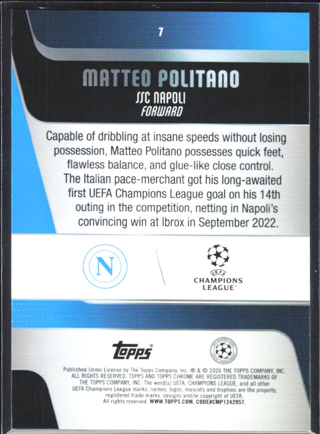 2025-26 Topps Chrome UEFA Club Competitions #7 Matteo Politano – baksida