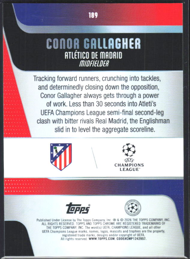2025-26 Topps Chrome UEFA Club Competitions #189 Conor Gallagher – baksida