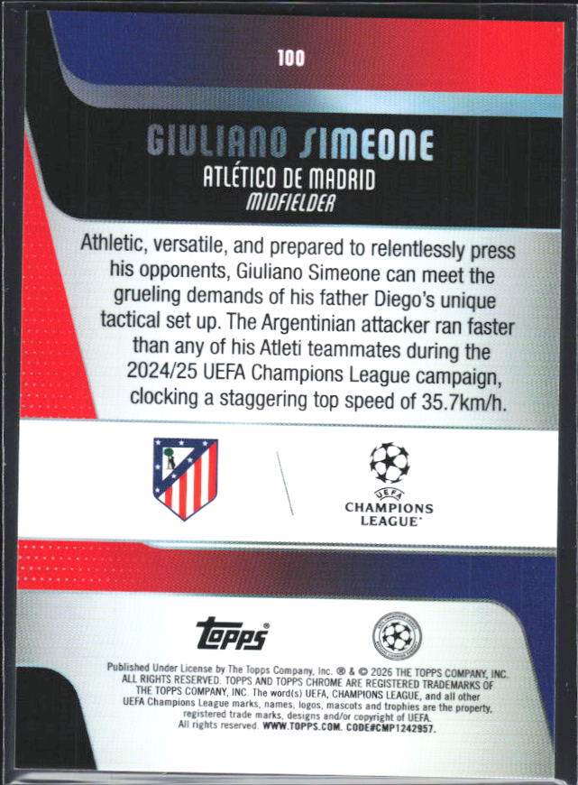 2025-26 Topps Chrome UEFA Club Competitions #100 Giuliano Simeone – baksida