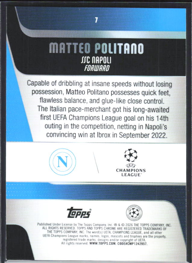 2025-26 Topps Chrome UEFA Club Competitions #7 Matteo Politano – baksida