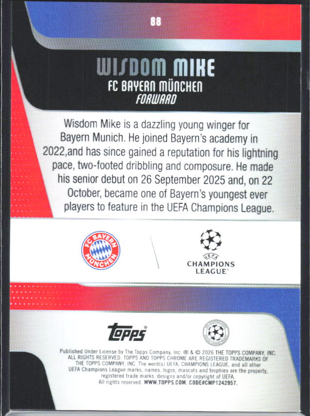 2025-26 Topps Chrome UEFA Club Competitions #88 Wisdom Mike – baksida