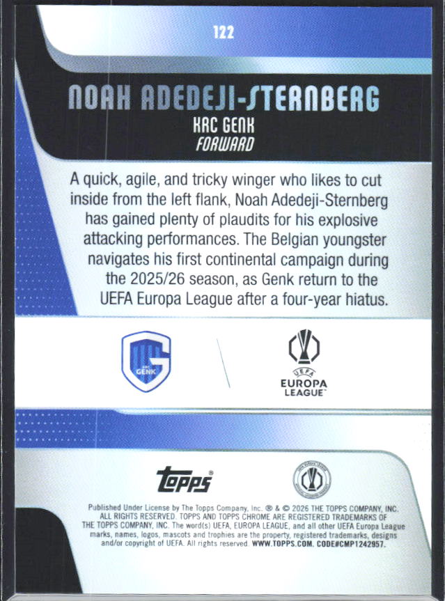 2025-26 Topps Chrome UEFA Club Competitions #122 Noah Adedeji-Sternberg – baksida