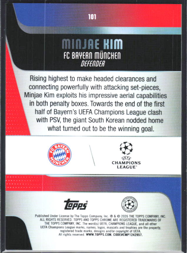 2025-26 Topps Chrome UEFA Club Competitions #101 Minjae Kim – baksida