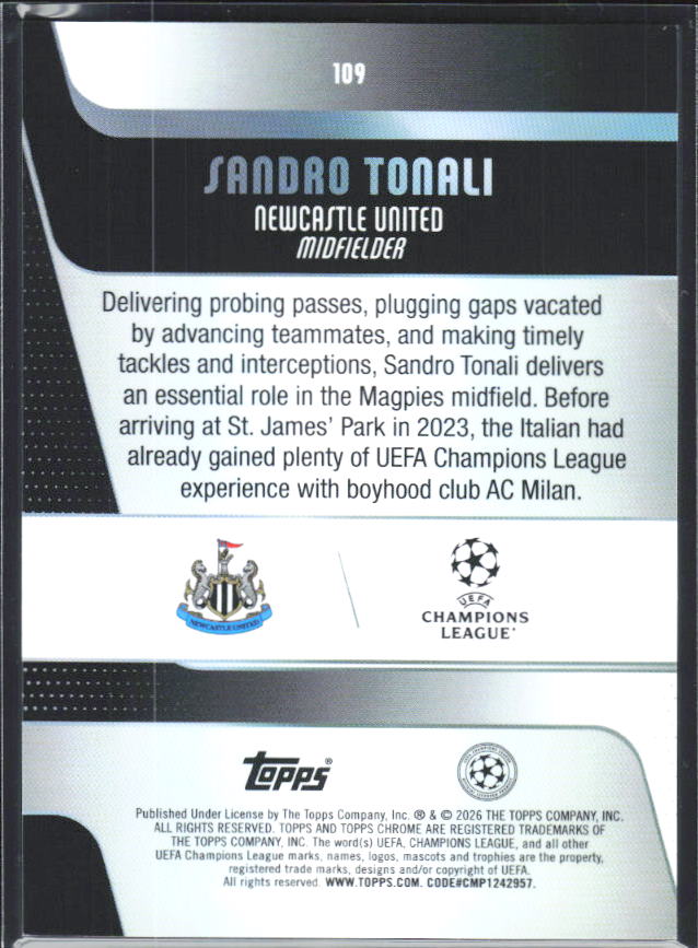 2025-26 Topps Chrome UEFA Club Competitions #109 Sandro Tonali – baksida