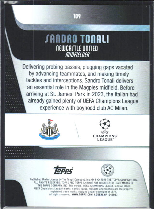 2025-26 Topps Chrome UEFA Club Competitions #109 Sandro Tonali – baksida