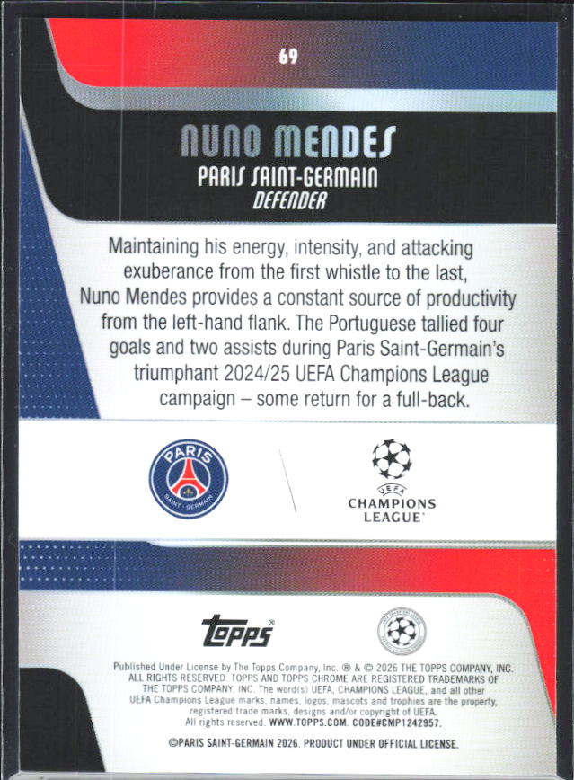 2025-26 Topps Chrome UEFA Club Competitions #69 Nuno Mendes – baksida