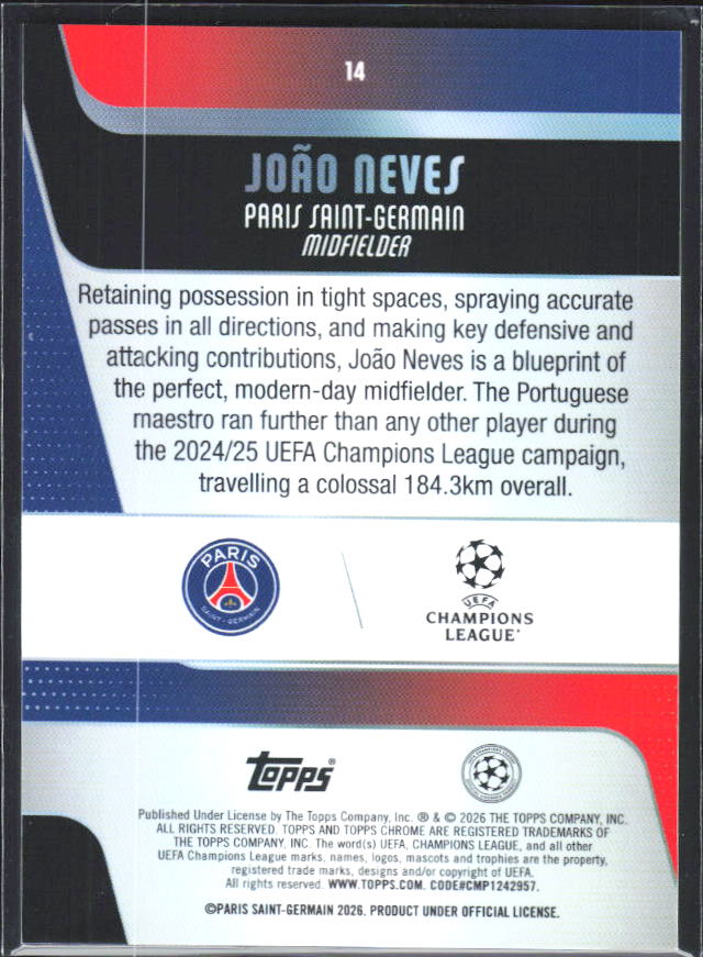 2025-26 Topps Chrome UEFA Club Competitions #14 João Neves – baksida