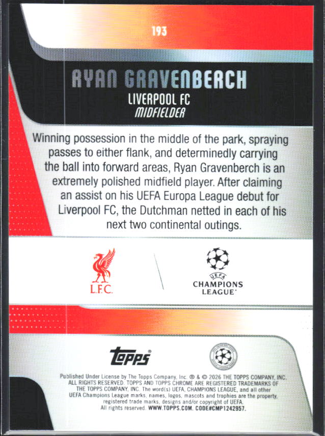 2025-26 Topps Chrome UEFA Club Competitions #193 Ryan Gravenberch – baksida