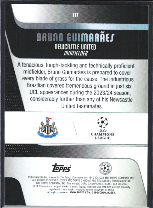 2025-26 Topps Chrome UEFA Club Competitions #117 Bruno Guimarães – baksida