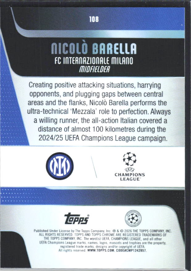 2025-26 Topps Chrome UEFA Club Competitions #108 Nicolò Barella – baksida