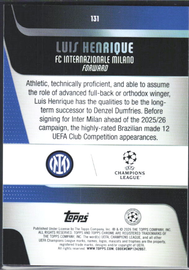 2025-26 Topps Chrome UEFA Club Competitions #131 Luis Henrique – baksida