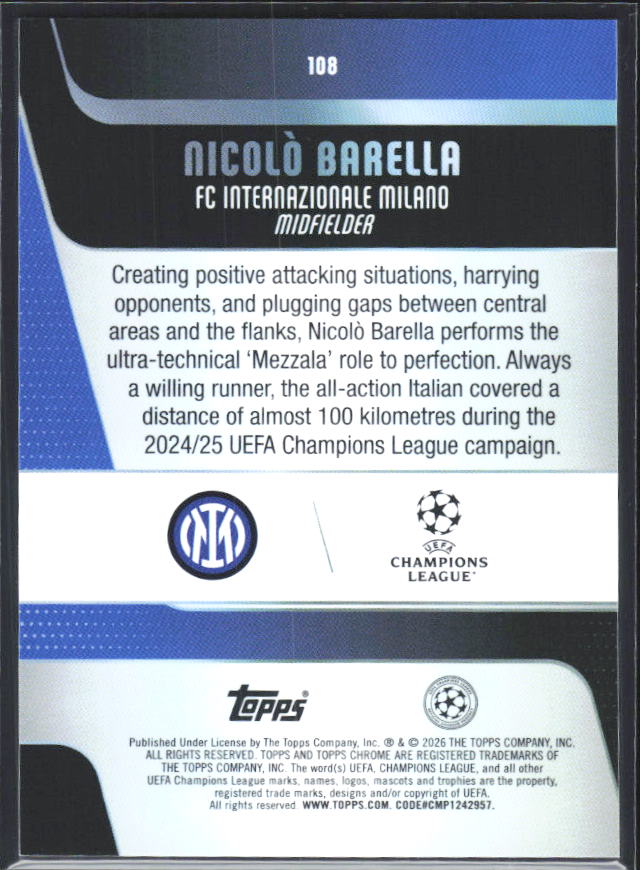 2025-26 Topps Chrome UEFA Club Competitions #108 Nicolò Barella – baksida