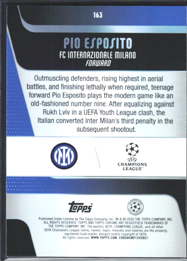 2025-26 Topps Chrome UEFA Club Competitions #163 Pio Esposito – baksida