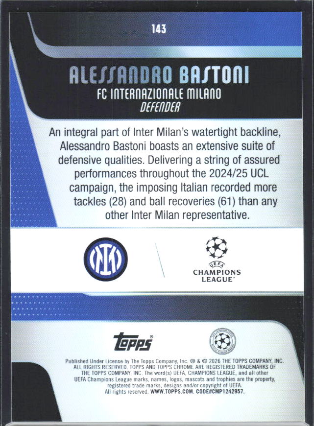 2025-26 Topps Chrome UEFA Club Competitions #143 Alessandro Bastoni – baksida