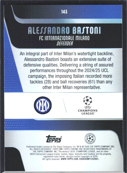 2025-26 Topps Chrome UEFA Club Competitions #143 Alessandro Bastoni – baksida