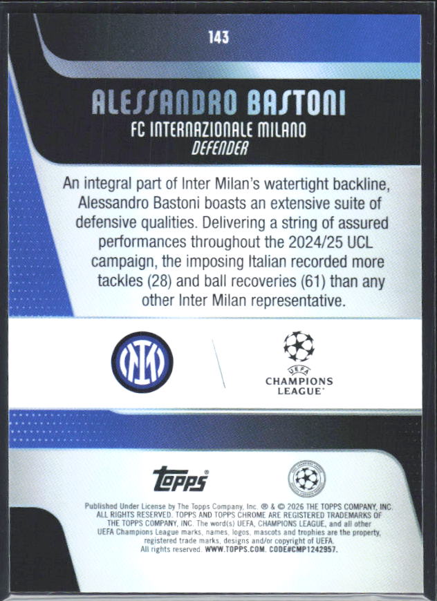 2025-26 Topps Chrome UEFA Club Competitions #143 Alessandro Bastoni – baksida