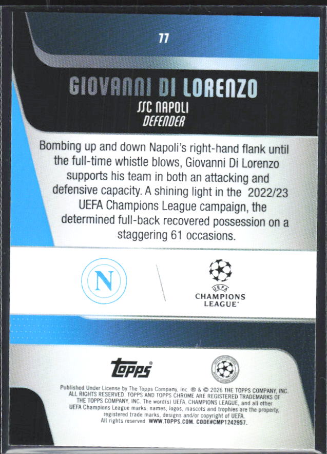 2025-26 Topps Chrome UEFA Club Competitions #77 Giovanni Di Lorenzo – baksida
