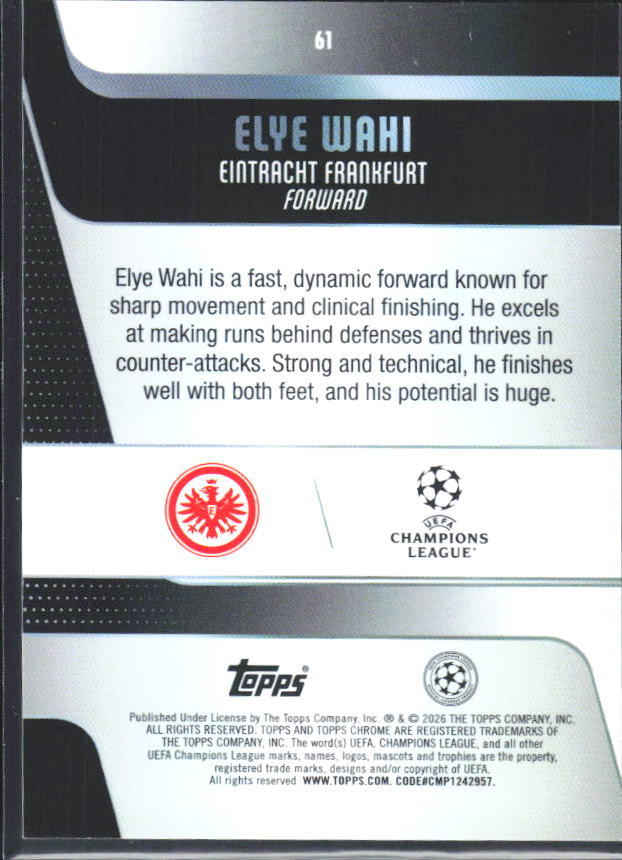2025-26 Topps Chrome UEFA Club Competitions #61 Elye Wahi – baksida