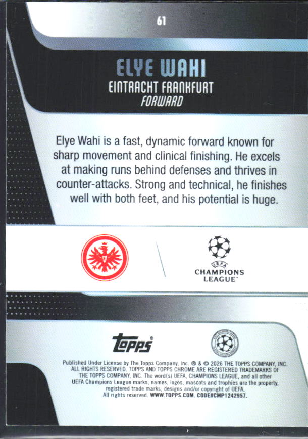 2025-26 Topps Chrome UEFA Club Competitions #61 Elye Wahi – baksida