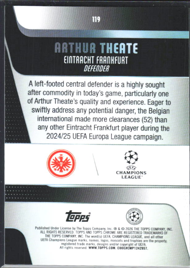 2025-26 Topps Chrome UEFA Club Competitions #119 Arthur Theate – baksida