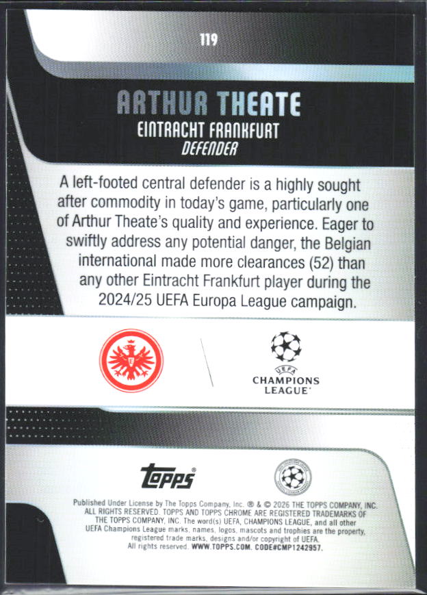 2025-26 Topps Chrome UEFA Club Competitions #119 Arthur Theate – baksida