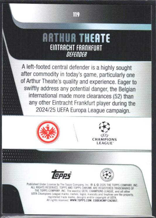 2025-26 Topps Chrome UEFA Club Competitions #119 Arthur Theate – baksida
