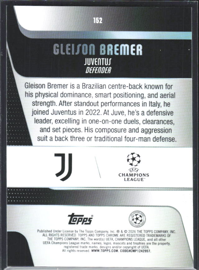 2025-26 Topps Chrome UEFA Club Competitions #152 Gleison Bremer – baksida