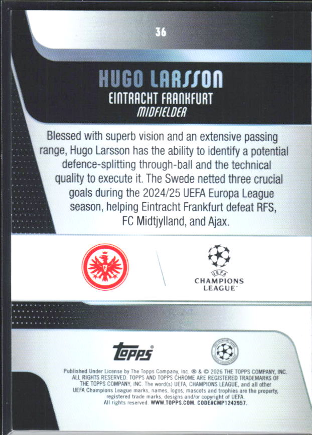 2025-26 Topps Chrome UEFA Club Competitions #36 Hugo Larsson – baksida