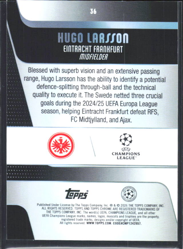 2025-26 Topps Chrome UEFA Club Competitions #36 Hugo Larsson – baksida